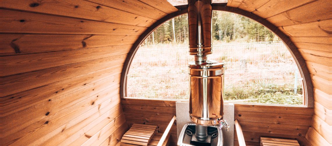 sauna tonneau extérieur épicéa demi-vitrage arrière poêle à bois